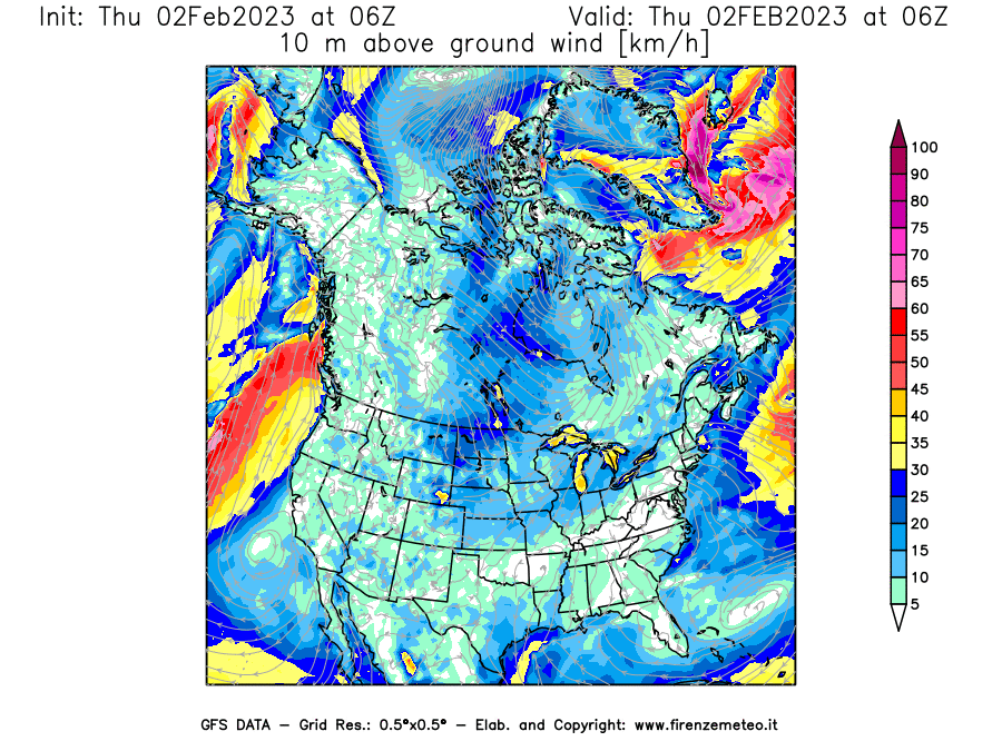 Mappa di analisi GFS - Velocità del vento a 10 metri dal suolo [km/h] in Nord-America
							del 02/02/2023 06 <!--googleoff: index-->UTC<!--googleon: index-->