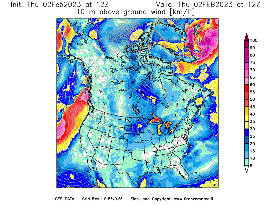 Mappa di analisi GFS - Velocità del vento a 10 metri dal suolo [km/h] in Nord-America
							del 02/02/2023 12 <!--googleoff: index-->UTC<!--googleon: index-->