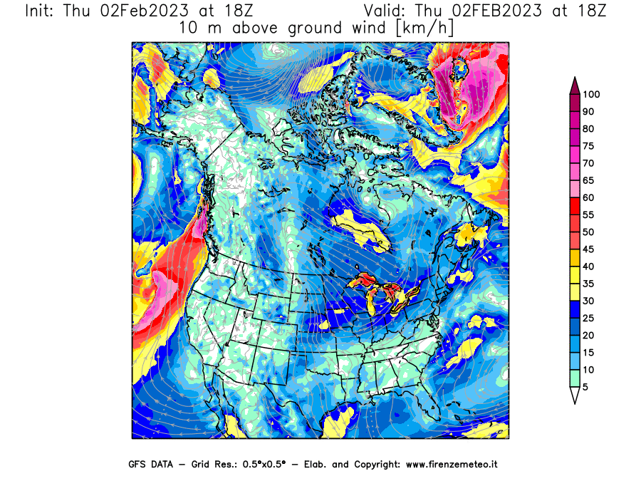 Mappa di analisi GFS - Velocità del vento a 10 metri dal suolo [km/h] in Nord-America
							del 02/02/2023 18 <!--googleoff: index-->UTC<!--googleon: index-->