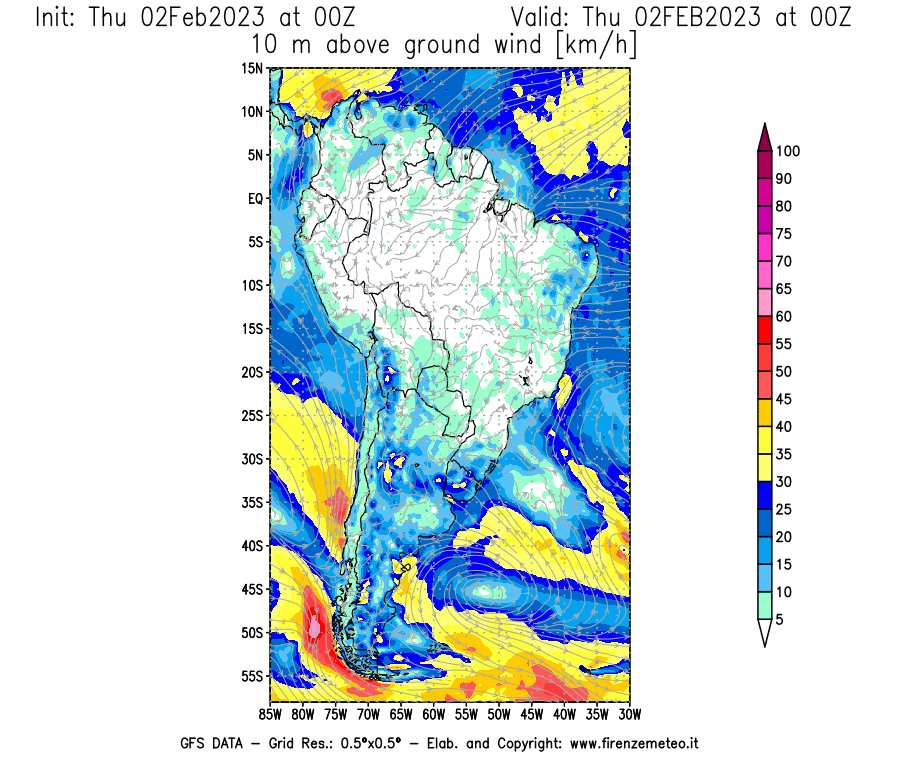 Mappa di analisi GFS - Velocità del vento a 10 metri dal suolo [km/h] in Sud-America
							del 02/02/2023 00 <!--googleoff: index-->UTC<!--googleon: index-->