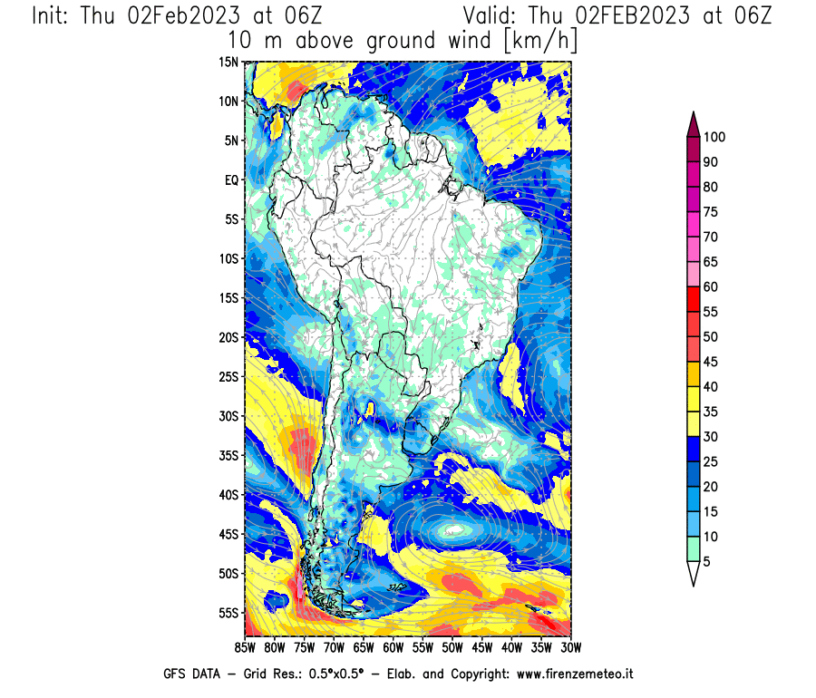 Mappa di analisi GFS - Velocità del vento a 10 metri dal suolo [km/h] in Sud-America
							del 02/02/2023 06 <!--googleoff: index-->UTC<!--googleon: index-->