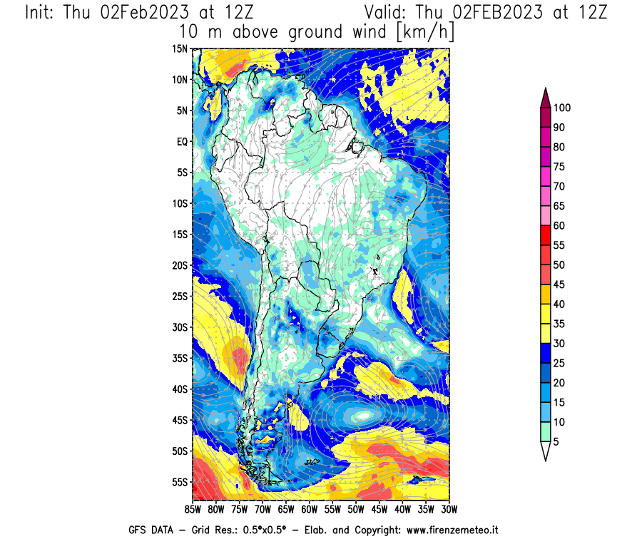 Mappa di analisi GFS - Velocità del vento a 10 metri dal suolo [km/h] in Sud-America
							del 02/02/2023 12 <!--googleoff: index-->UTC<!--googleon: index-->