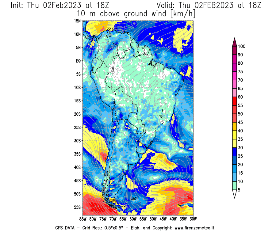 Mappa di analisi GFS - Velocità del vento a 10 metri dal suolo [km/h] in Sud-America
							del 02/02/2023 18 <!--googleoff: index-->UTC<!--googleon: index-->