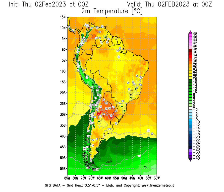 Mappa di analisi GFS - Temperatura a 2 metri dal suolo [°C] in Sud-America
							del 02/02/2023 00 <!--googleoff: index-->UTC<!--googleon: index-->