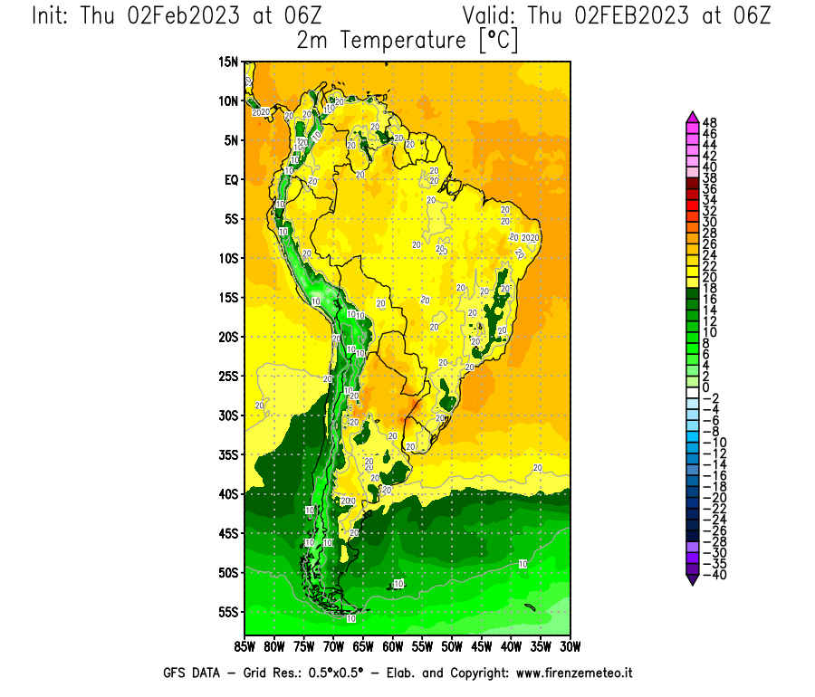 Mappa di analisi GFS - Temperatura a 2 metri dal suolo [°C] in Sud-America
							del 02/02/2023 06 <!--googleoff: index-->UTC<!--googleon: index-->