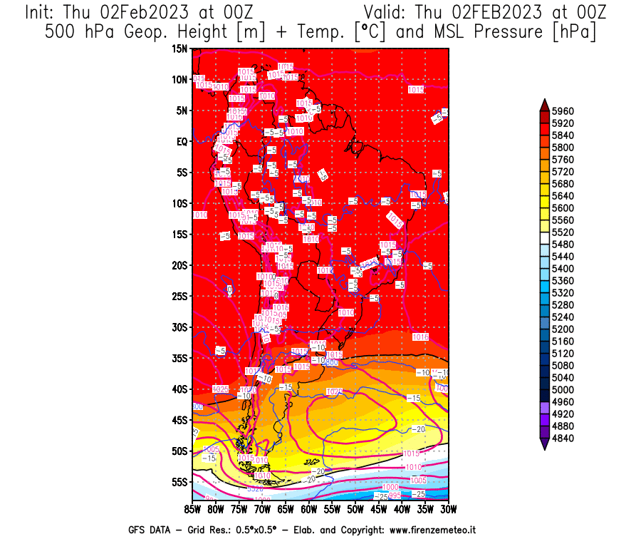 Mappa di analisi GFS - Geopotenziale [m] + Temp. [°C] a 500 hPa + Press. a livello del mare [hPa] in Sud-America
							del 02/02/2023 00 <!--googleoff: index-->UTC<!--googleon: index-->