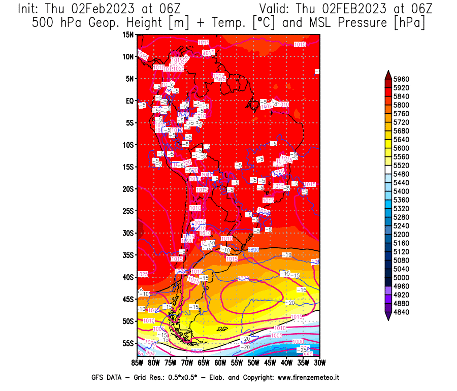 Mappa di analisi GFS - Geopotenziale [m] + Temp. [°C] a 500 hPa + Press. a livello del mare [hPa] in Sud-America
							del 02/02/2023 06 <!--googleoff: index-->UTC<!--googleon: index-->