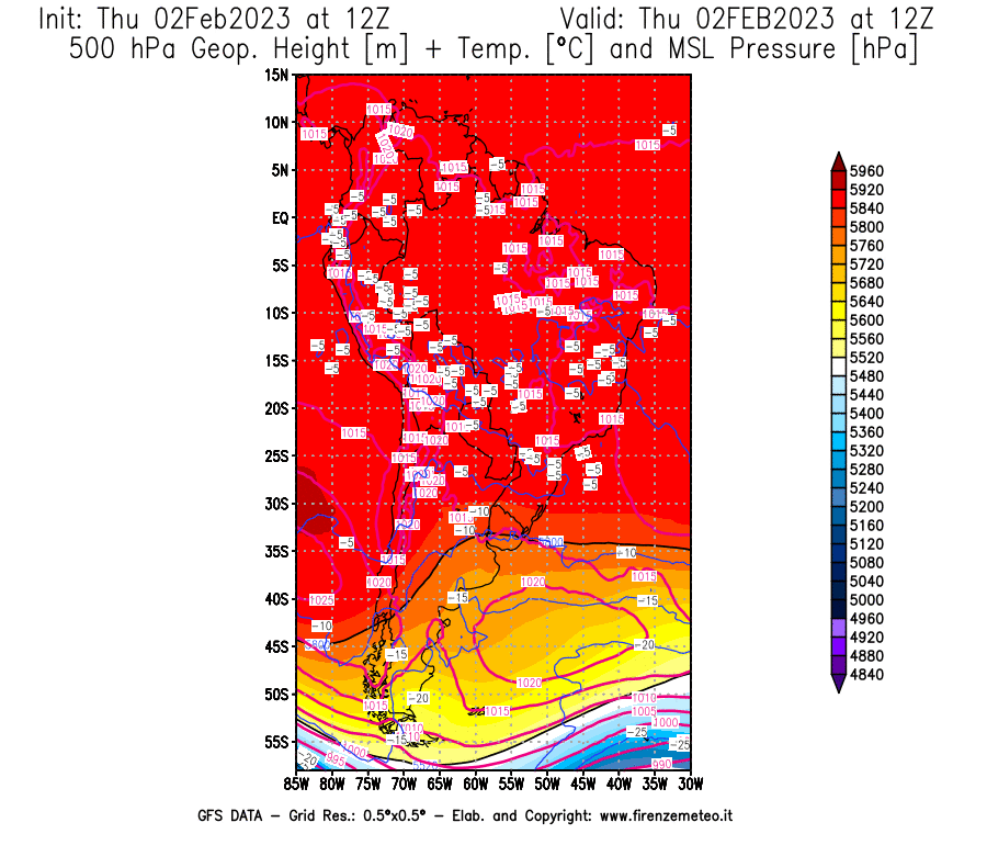Mappa di analisi GFS - Geopotenziale [m] + Temp. [°C] a 500 hPa + Press. a livello del mare [hPa] in Sud-America
							del 02/02/2023 12 <!--googleoff: index-->UTC<!--googleon: index-->