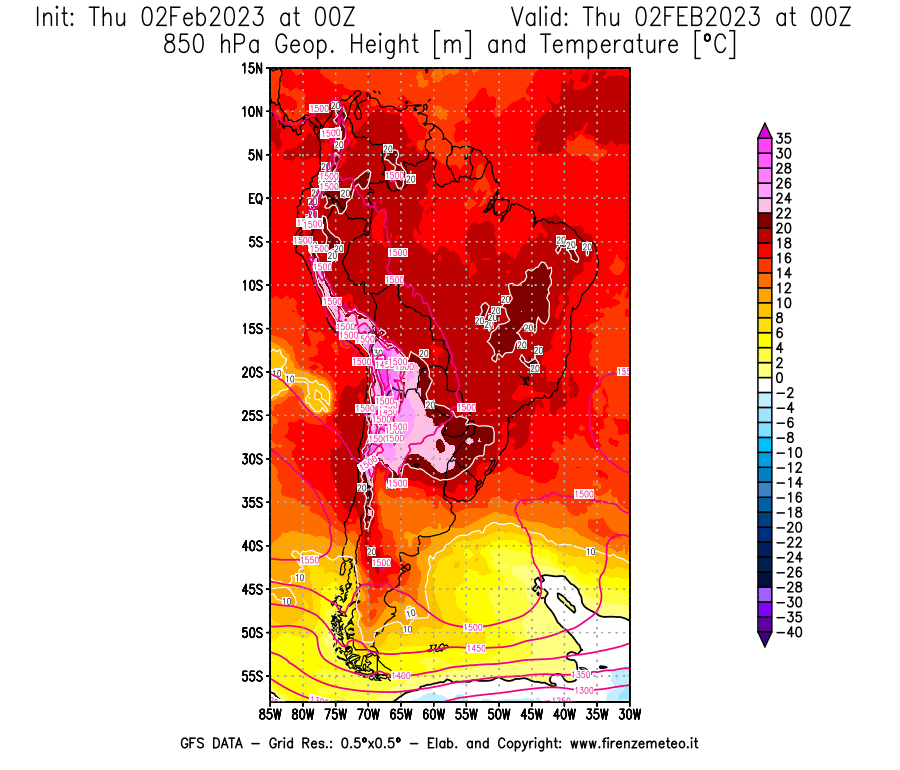 Mappa di analisi GFS - Geopotenziale [m] e Temperatura [°C] a 850 hPa in Sud-America
							del 02/02/2023 00 <!--googleoff: index-->UTC<!--googleon: index-->