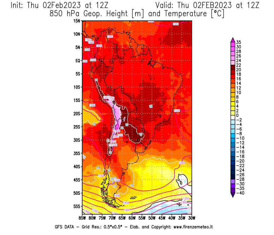 Mappa di analisi GFS - Geopotenziale [m] e Temperatura [°C] a 850 hPa in Sud-America
							del 02/02/2023 12 <!--googleoff: index-->UTC<!--googleon: index-->