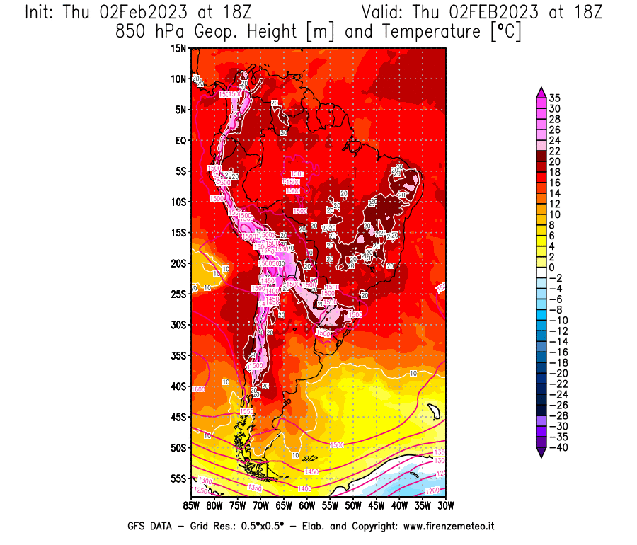 Mappa di analisi GFS - Geopotenziale [m] e Temperatura [°C] a 850 hPa in Sud-America
							del 02/02/2023 18 <!--googleoff: index-->UTC<!--googleon: index-->