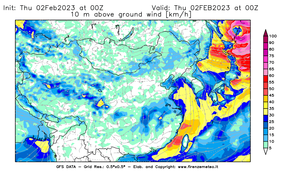 Mappa di analisi GFS - Velocità del vento a 10 metri dal suolo [km/h] in Asia Orientale
							del 02/02/2023 00 <!--googleoff: index-->UTC<!--googleon: index-->
