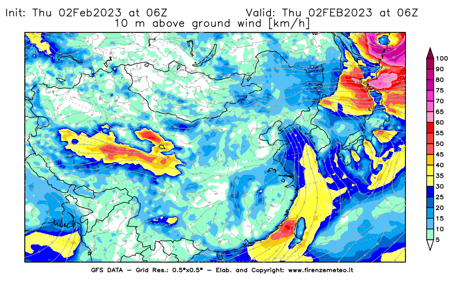 Mappa di analisi GFS - Velocità del vento a 10 metri dal suolo [km/h] in Asia Orientale
							del 02/02/2023 06 <!--googleoff: index-->UTC<!--googleon: index-->