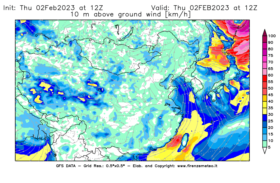Mappa di analisi GFS - Velocità del vento a 10 metri dal suolo [km/h] in Asia Orientale
							del 02/02/2023 12 <!--googleoff: index-->UTC<!--googleon: index-->
