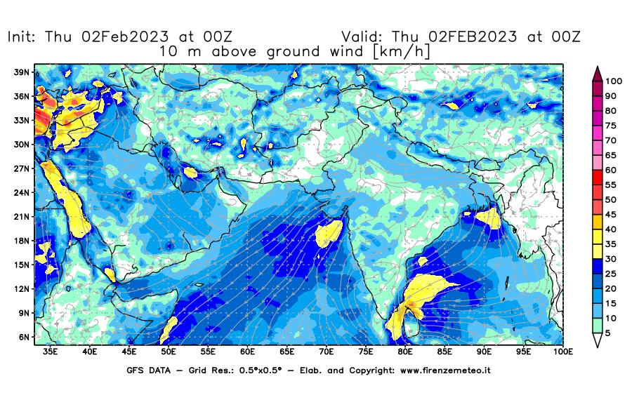 Mappa di analisi GFS - Velocità del vento a 10 metri dal suolo [km/h] in Asia Sud-Occidentale
							del 02/02/2023 00 <!--googleoff: index-->UTC<!--googleon: index-->