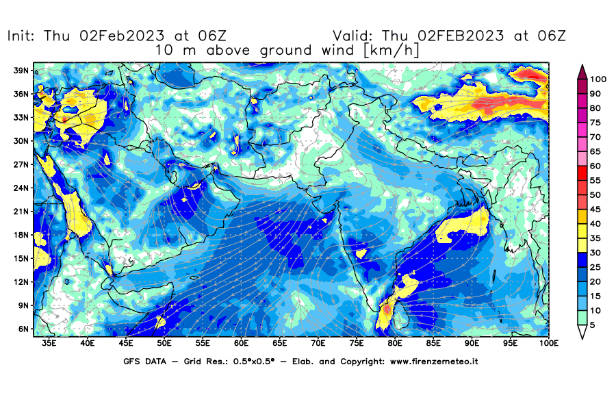 Mappa di analisi GFS - Velocità del vento a 10 metri dal suolo [km/h] in Asia Sud-Occidentale
							del 02/02/2023 06 <!--googleoff: index-->UTC<!--googleon: index-->