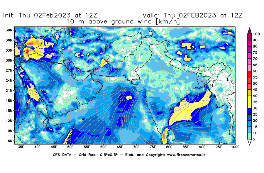Mappa di analisi GFS - Velocità del vento a 10 metri dal suolo [km/h] in Asia Sud-Occidentale
							del 02/02/2023 12 <!--googleoff: index-->UTC<!--googleon: index-->