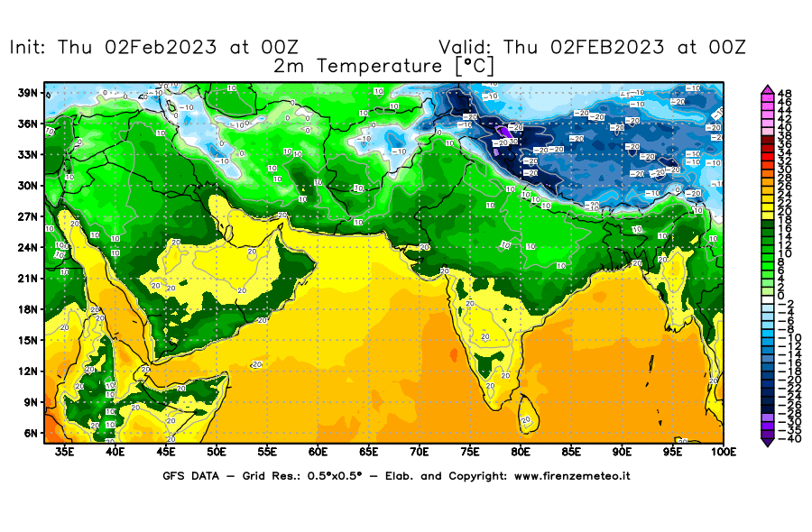 Mappa di analisi GFS - Temperatura a 2 metri dal suolo [°C] in Asia Sud-Occidentale
							del 02/02/2023 00 <!--googleoff: index-->UTC<!--googleon: index-->