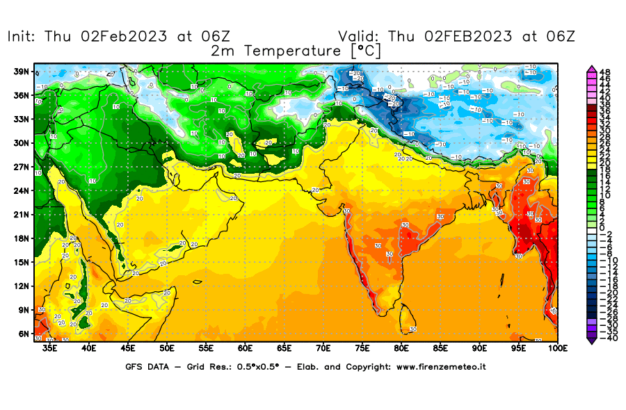 Mappa di analisi GFS - Temperatura a 2 metri dal suolo [°C] in Asia Sud-Occidentale
							del 02/02/2023 06 <!--googleoff: index-->UTC<!--googleon: index-->