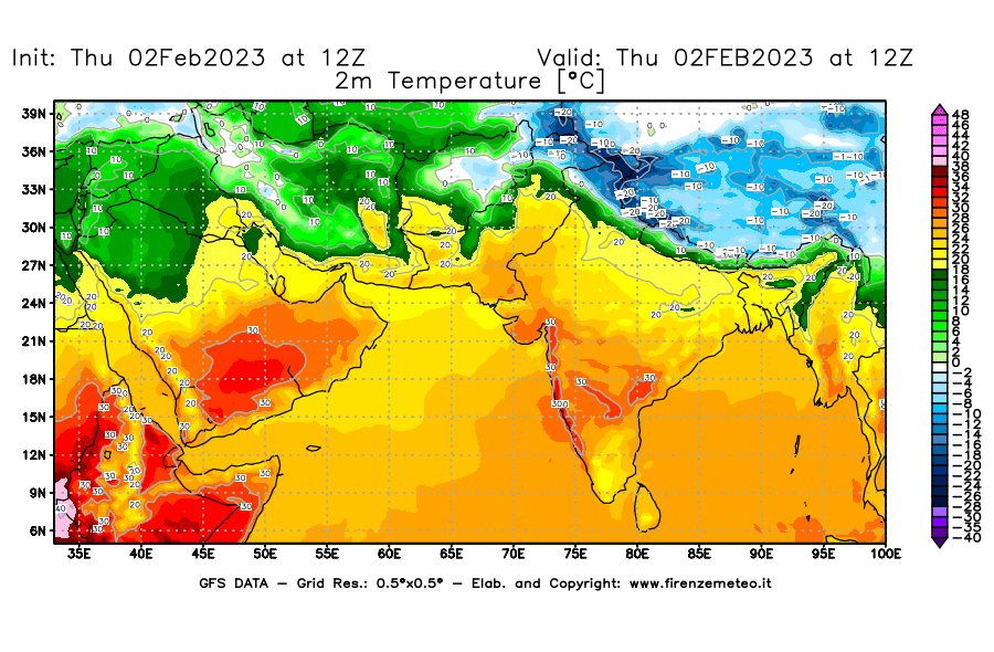 Mappa di analisi GFS - Temperatura a 2 metri dal suolo [°C] in Asia Sud-Occidentale
							del 02/02/2023 12 <!--googleoff: index-->UTC<!--googleon: index-->