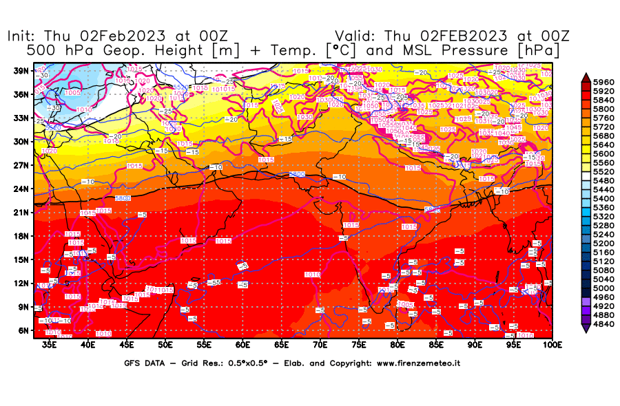 Mappa di analisi GFS - Geopotenziale [m] + Temp. [°C] a 500 hPa + Press. a livello del mare [hPa] in Asia Sud-Occidentale
							del 02/02/2023 00 <!--googleoff: index-->UTC<!--googleon: index-->