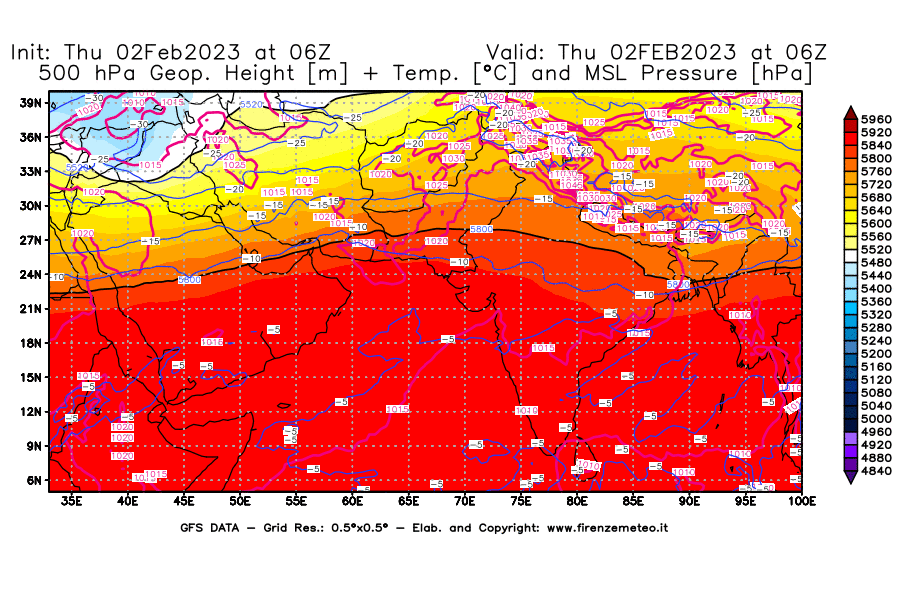 Mappa di analisi GFS - Geopotenziale [m] + Temp. [°C] a 500 hPa + Press. a livello del mare [hPa] in Asia Sud-Occidentale
							del 02/02/2023 06 <!--googleoff: index-->UTC<!--googleon: index-->