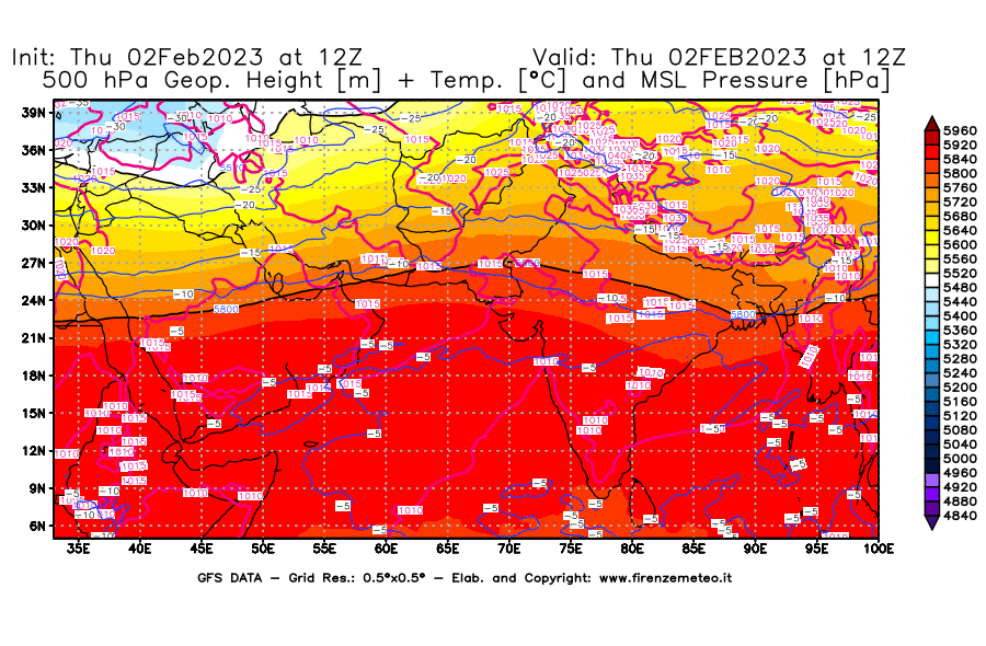 Mappa di analisi GFS - Geopotenziale [m] + Temp. [°C] a 500 hPa + Press. a livello del mare [hPa] in Asia Sud-Occidentale
							del 02/02/2023 12 <!--googleoff: index-->UTC<!--googleon: index-->