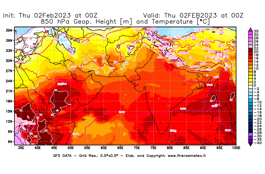 Mappa di analisi GFS - Geopotenziale [m] e Temperatura [°C] a 850 hPa in Asia Sud-Occidentale
							del 02/02/2023 00 <!--googleoff: index-->UTC<!--googleon: index-->