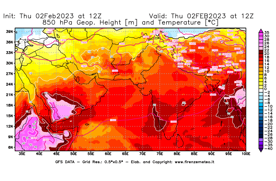 Mappa di analisi GFS - Geopotenziale [m] e Temperatura [°C] a 850 hPa in Asia Sud-Occidentale
							del 02/02/2023 12 <!--googleoff: index-->UTC<!--googleon: index-->