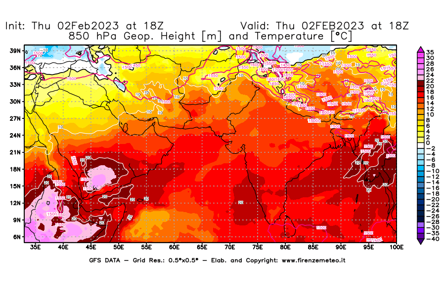 Mappa di analisi GFS - Geopotenziale [m] e Temperatura [°C] a 850 hPa in Asia Sud-Occidentale
							del 02/02/2023 18 <!--googleoff: index-->UTC<!--googleon: index-->