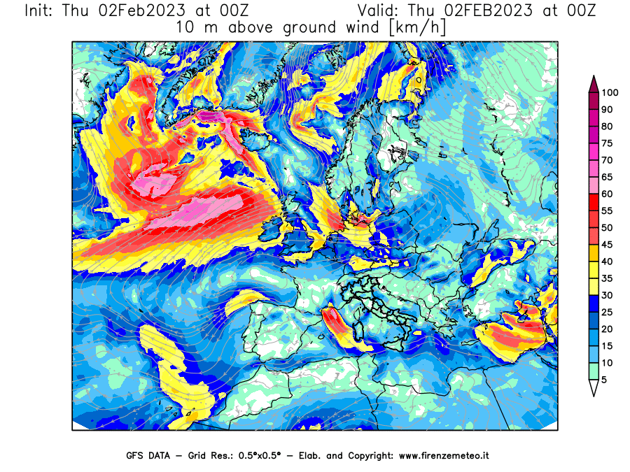 Mappa di analisi GFS - Velocità del vento a 10 metri dal suolo [km/h] in Europa
							del 02/02/2023 00 <!--googleoff: index-->UTC<!--googleon: index-->