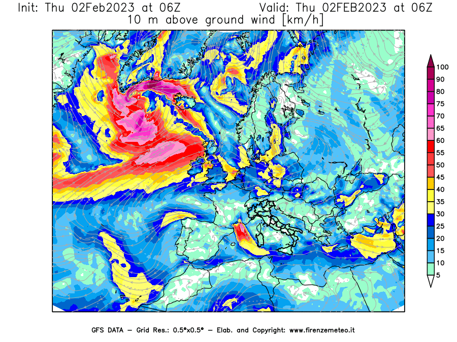 Mappa di analisi GFS - Velocità del vento a 10 metri dal suolo [km/h] in Europa
							del 02/02/2023 06 <!--googleoff: index-->UTC<!--googleon: index-->