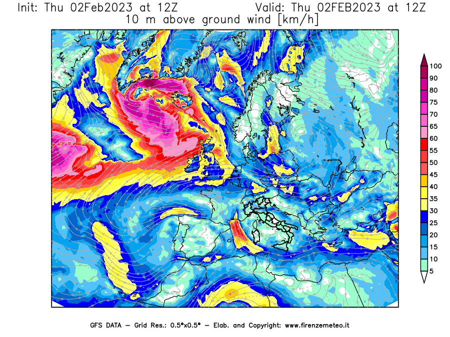 Mappa di analisi GFS - Velocità del vento a 10 metri dal suolo [km/h] in Europa
							del 02/02/2023 12 <!--googleoff: index-->UTC<!--googleon: index-->