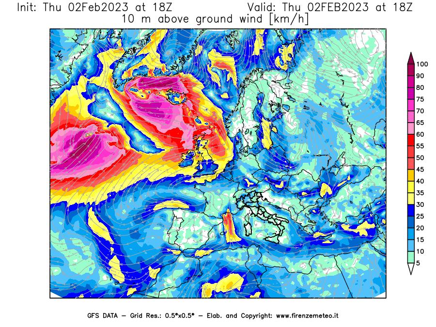 Mappa di analisi GFS - Velocità del vento a 10 metri dal suolo [km/h] in Europa
							del 02/02/2023 18 <!--googleoff: index-->UTC<!--googleon: index-->