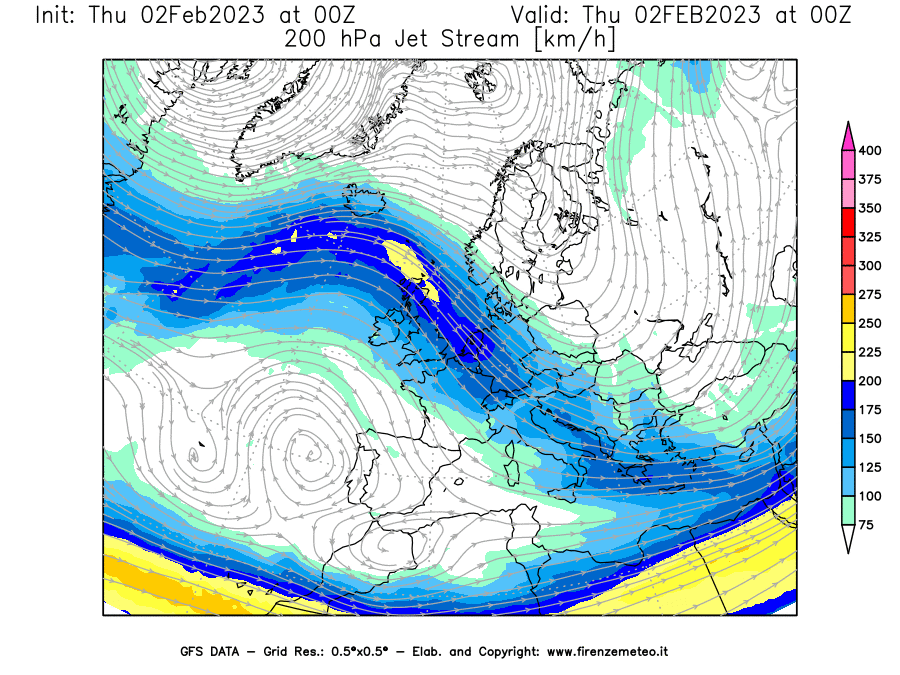Mappa di analisi GFS - Jet Stream a 200 hPa in Europa
							del 02/02/2023 00 <!--googleoff: index-->UTC<!--googleon: index-->