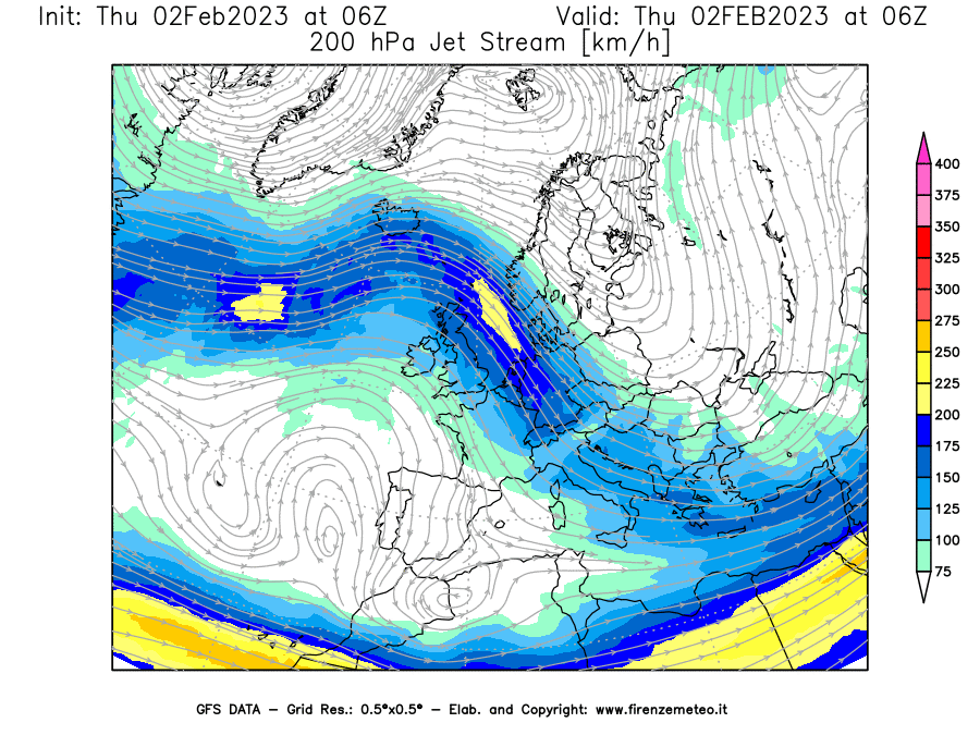 Mappa di analisi GFS - Jet Stream a 200 hPa in Europa
							del 02/02/2023 06 <!--googleoff: index-->UTC<!--googleon: index-->