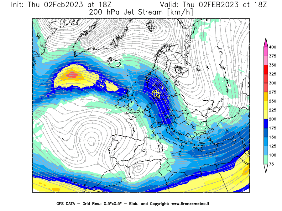 Mappa di analisi GFS - Jet Stream a 200 hPa in Europa
							del 02/02/2023 18 <!--googleoff: index-->UTC<!--googleon: index-->