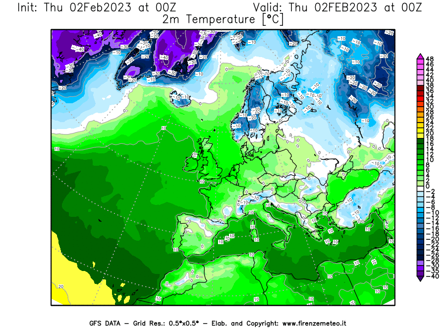 Mappa di analisi GFS - Temperatura a 2 metri dal suolo [°C] in Europa
							del 02/02/2023 00 <!--googleoff: index-->UTC<!--googleon: index-->