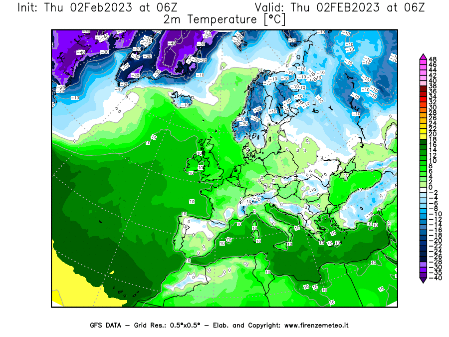 Mappa di analisi GFS - Temperatura a 2 metri dal suolo [°C] in Europa
							del 02/02/2023 06 <!--googleoff: index-->UTC<!--googleon: index-->