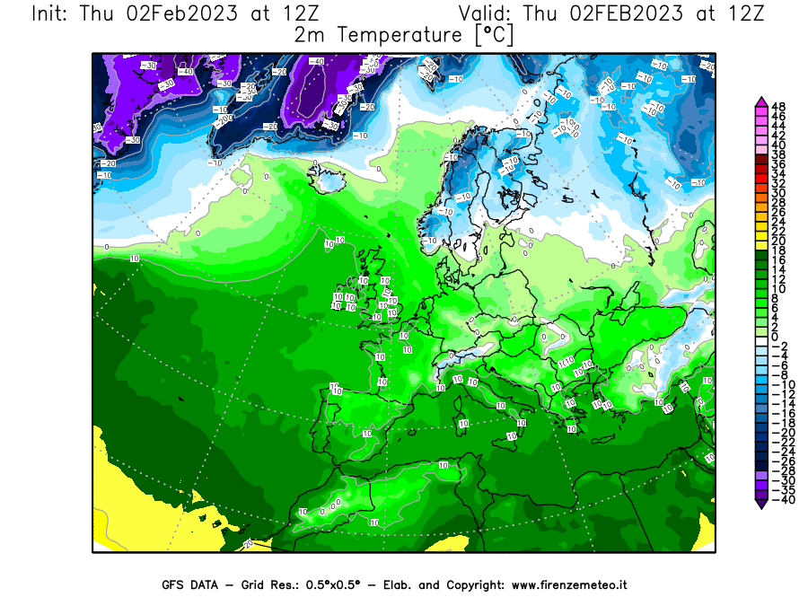 Mappa di analisi GFS - Temperatura a 2 metri dal suolo [°C] in Europa
							del 02/02/2023 12 <!--googleoff: index-->UTC<!--googleon: index-->