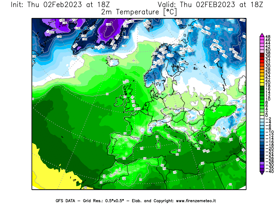 Mappa di analisi GFS - Temperatura a 2 metri dal suolo [°C] in Europa
							del 02/02/2023 18 <!--googleoff: index-->UTC<!--googleon: index-->