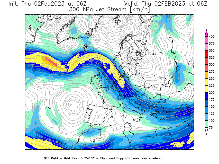 Mappa di analisi GFS - Jet Stream a 300 hPa in Europa
							del 02/02/2023 06 <!--googleoff: index-->UTC<!--googleon: index-->