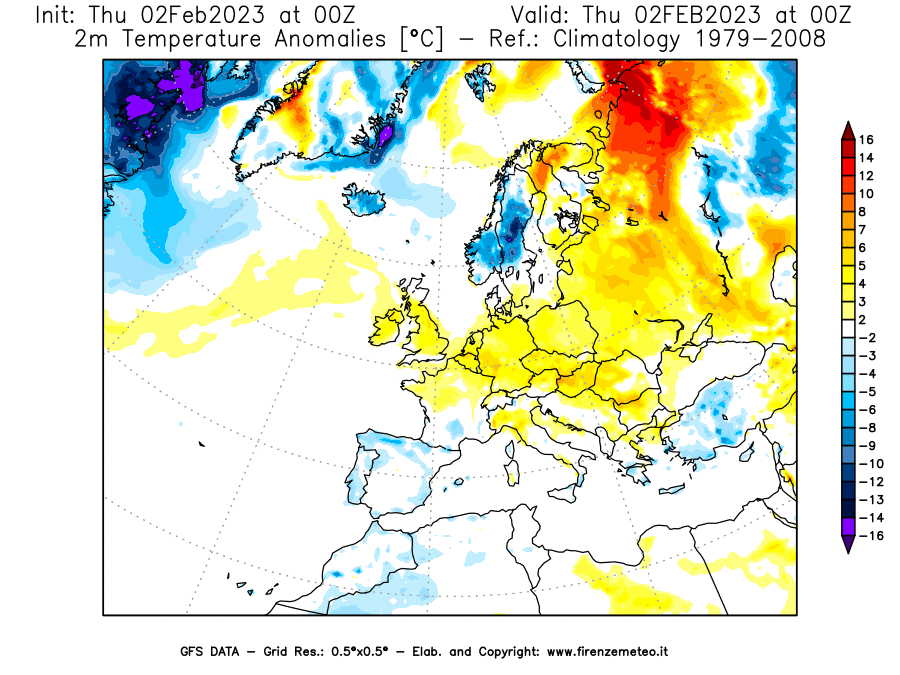 Mappa di analisi GFS - Anomalia Temperatura [°C] a 2 m in Europa
							del 02/02/2023 00 <!--googleoff: index-->UTC<!--googleon: index-->