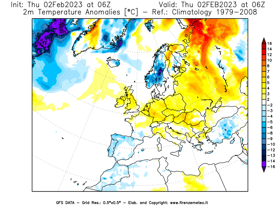 Mappa di analisi GFS - Anomalia Temperatura [°C] a 2 m in Europa
							del 02/02/2023 06 <!--googleoff: index-->UTC<!--googleon: index-->