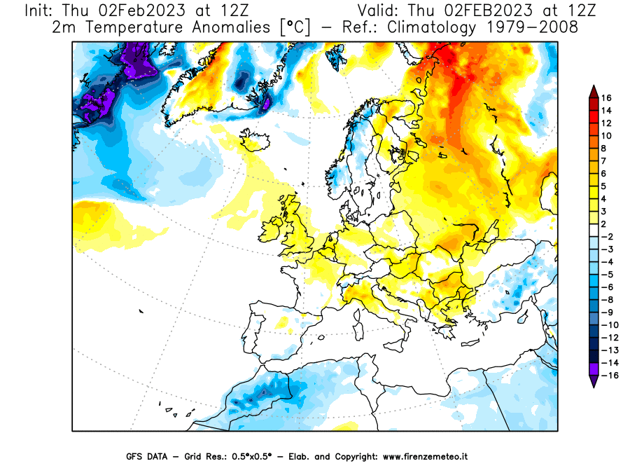 Mappa di analisi GFS - Anomalia Temperatura [°C] a 2 m in Europa
							del 02/02/2023 12 <!--googleoff: index-->UTC<!--googleon: index-->
