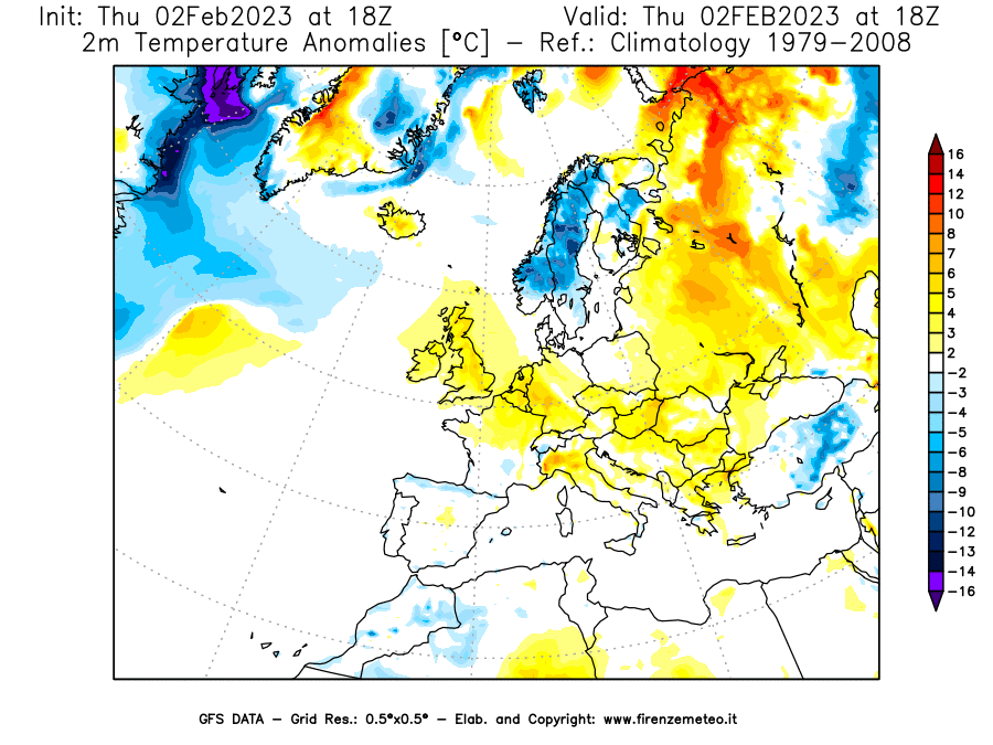 Mappa di analisi GFS - Anomalia Temperatura [°C] a 2 m in Europa
							del 02/02/2023 18 <!--googleoff: index-->UTC<!--googleon: index-->