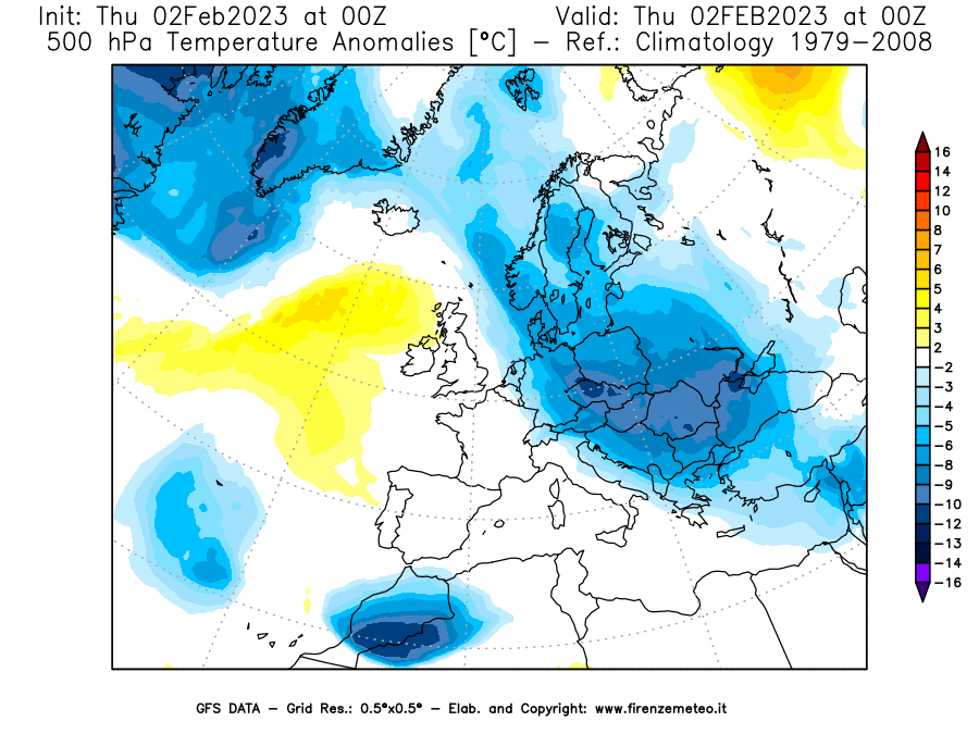 Mappa di analisi GFS - Anomalia Temperatura [°C] a 500 hPa in Europa
							del 02/02/2023 00 <!--googleoff: index-->UTC<!--googleon: index-->