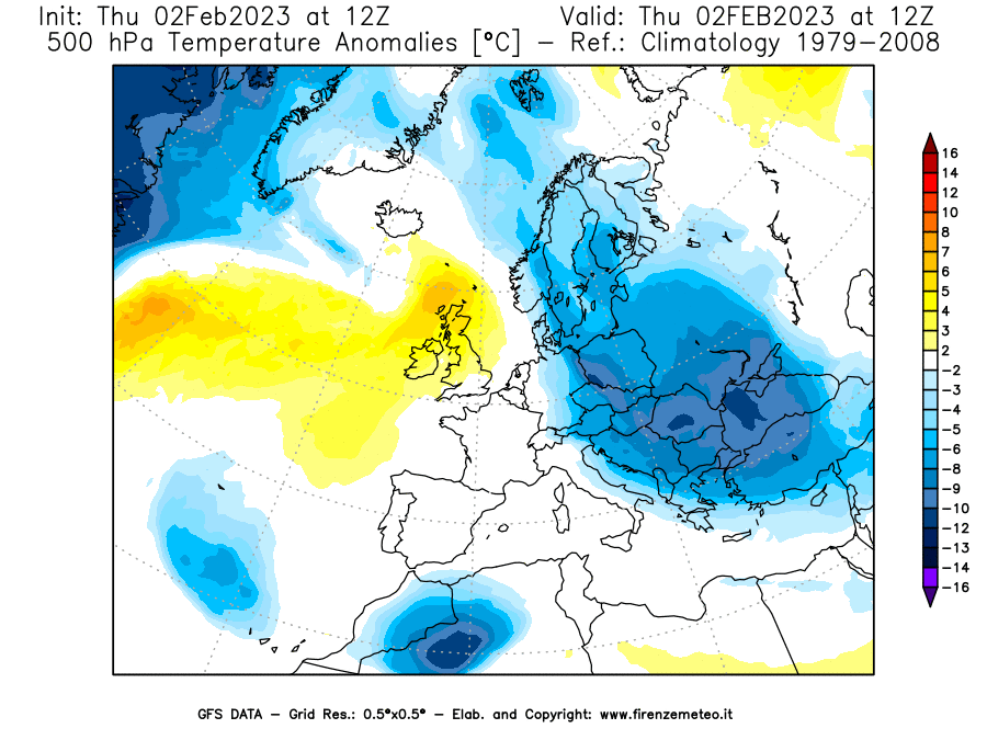 Mappa di analisi GFS - Anomalia Temperatura [°C] a 500 hPa in Europa
							del 02/02/2023 12 <!--googleoff: index-->UTC<!--googleon: index-->