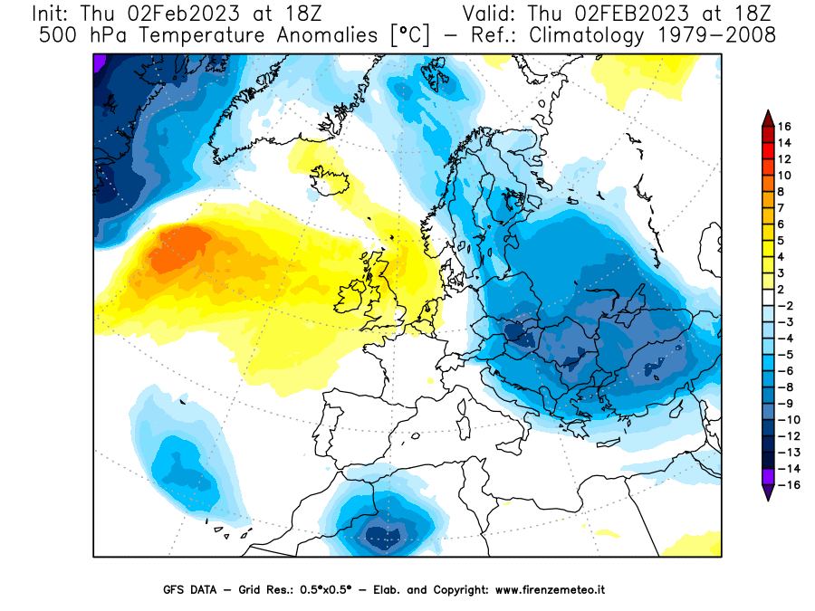 Mappa di analisi GFS - Anomalia Temperatura [°C] a 500 hPa in Europa
							del 02/02/2023 18 <!--googleoff: index-->UTC<!--googleon: index-->