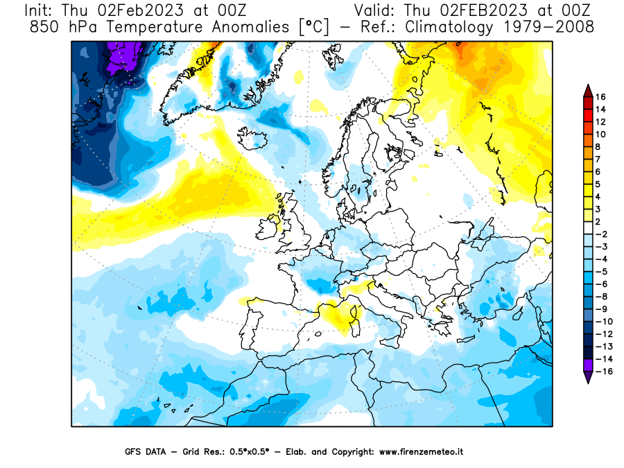 Mappa di analisi GFS - Anomalia Temperatura [°C] a 850 hPa in Europa
							del 02/02/2023 00 <!--googleoff: index-->UTC<!--googleon: index-->